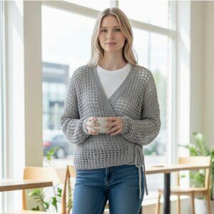 NWT ZARA WRAP Open KNIT CARDIGAN WITH METALLIC THREAD Silver Gray Small